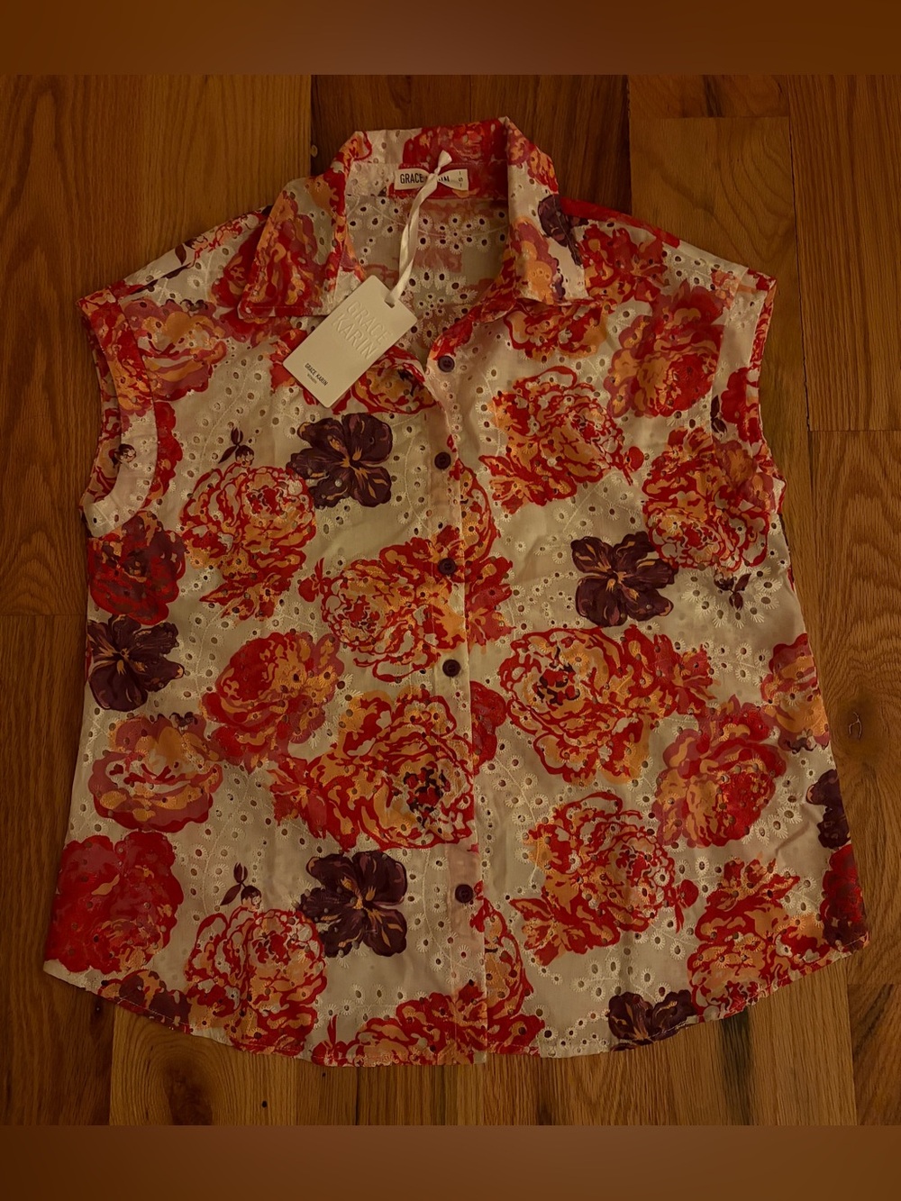 Grace Karin Red Floral Eyelet Sleeveless Button-Up Top